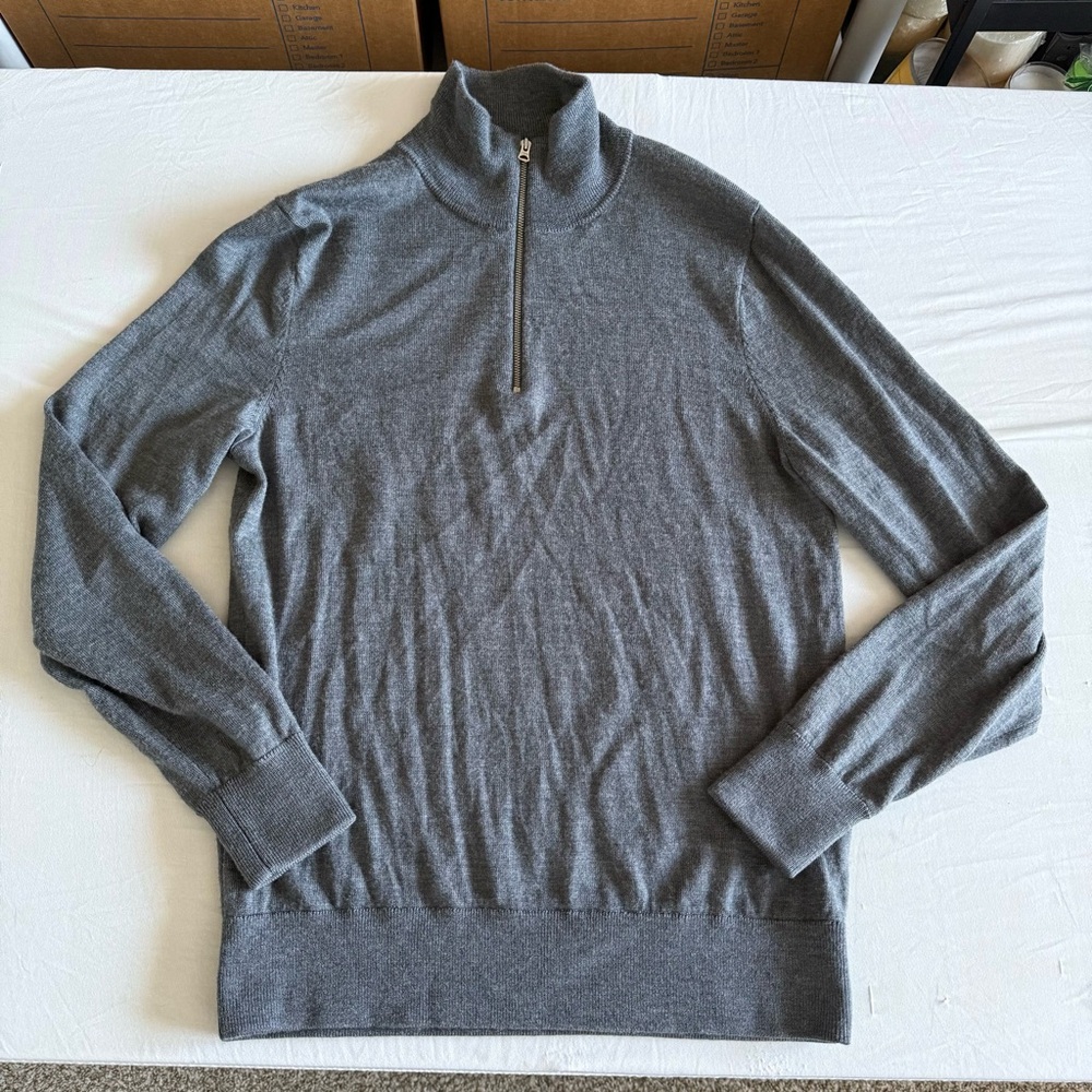 J Crew Merino Wool Sweater Mens Medium 1/4 Zip Gray Preppy Minimalist Office - Picture 3 of 15